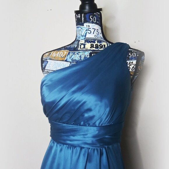 AMSALE Charmeuse One Shoulder Long Formal Maxi Dress 4 Turquoise Pacific Blue - Picture 3 of 13